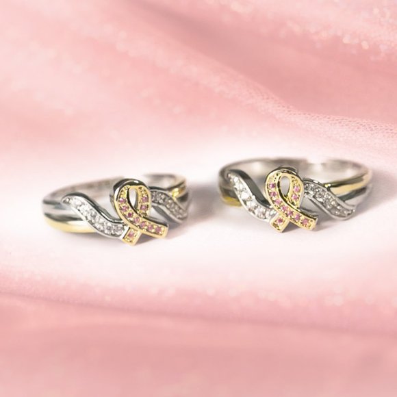 New! Pink Ribbon Ring S925 Two Tone Beautiful - Picture 2 of 4